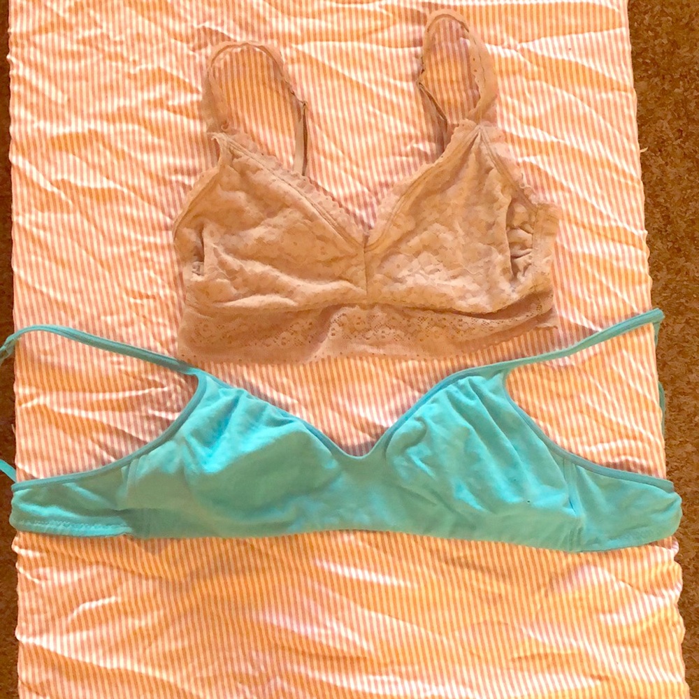 Beige and blue bras